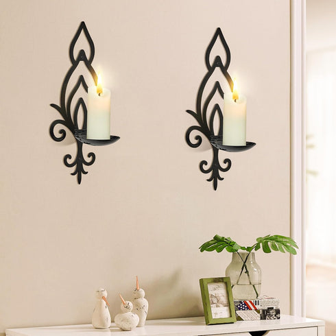 Set 2, Wall Candle Sconces of Vintage Flower-Shaped Metal Candle Holders for Pillar, Tealight, and LED Candles, Rustic