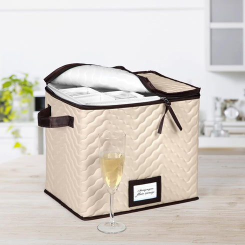 Wine Glass Storage Box with Dividers - Holds 12 Champagne Flute Glasses up to 10" Tall, Durable Quilted Microfiber Bin