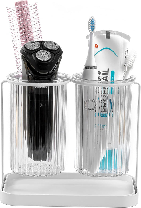 Toothbrush Holders with Drain Tray, 2 Slots Hanging Organizer for Bathroom Caddy, Clear Toothpaste and Razor Holder