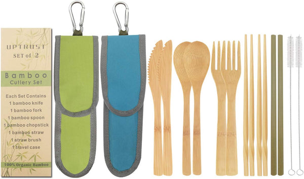 2 Set Bamboo Cutlery Set, Reusable Organic Bamboo Utensils, Fork, Knife, Spoon, Chopsticks, Straw, Cleaning Brush