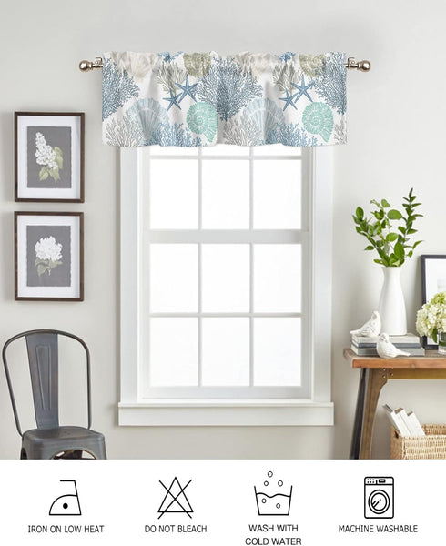 Blue Farmhouse Short Window Curtain Valances, Summer Beach Coral Starfish Valances, Nautical Coastal Rod Pocket
