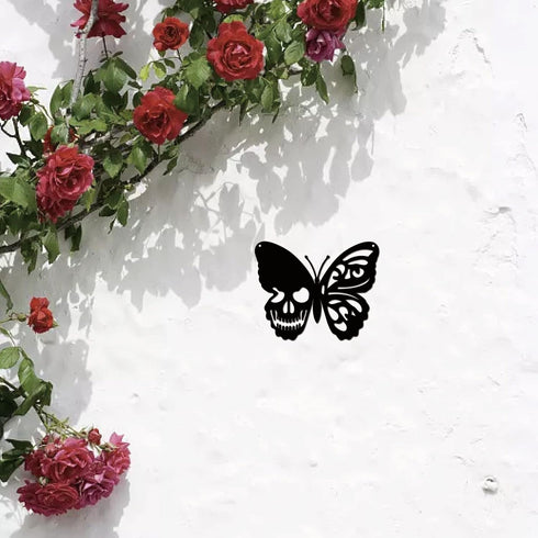 CREATCABIN Skull Butterfly Metal Wall Art Decor, Black Iron Sculpture for Indoor Outdoor Home Decoration