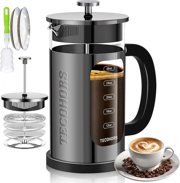 French Press Coffee Maker, 34oz / 1 Quart, 304 Stainless Steel, with 4 Filters System, Heat Resistant Glass