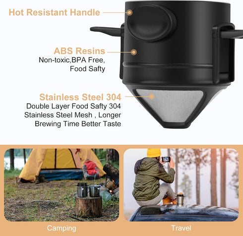 Portable Pour Over Coffee Maker Stainless Steel Reusable Filter Mini Collapsible Single Serve Coffee Dripper