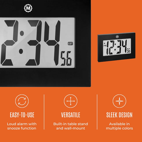 MARATHON Large Digital Wall Clock - 8” Display, Black - Easy to Read