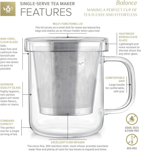 Teabloom Premium Borosilicate Glass Mug, 8 Ounces with Stainless Steel Loose Leaf Tea Infuser and Lid