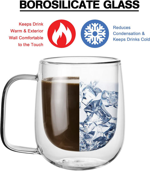 Glass Coffee Mug, 8.5 oz Double Walled Insulated Cup for Tea Coffee Latte Cappuccino Espresso - Set of 1 (Round)