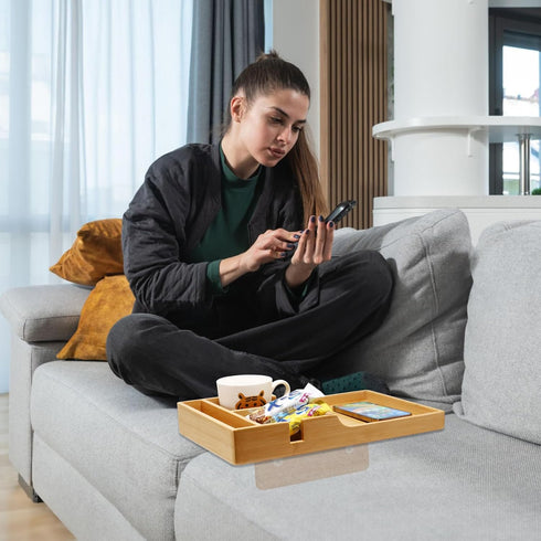 2-in-1 2 Remotes,15.35x9.84-inch Nnewvante Couch Tray, Insert & Flat Sofa Organizer Bamboo with Cup Holders,Fits Seat