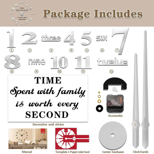 VANGOLD Large Wall Clocks, DIY Modern 3D Wall Clock with Mirror Numbers for Home Office Decor