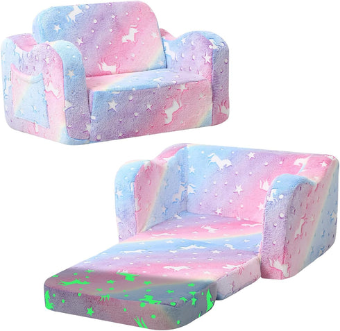 MeMoreCool Glowing Rainbow Unicorn Kids Chair - Convertible 2-in-1 Fold-Out Kids Couch