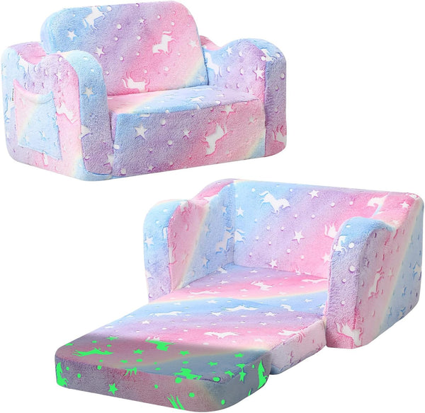 MeMoreCool Glowing Rainbow Unicorn Kids Chair - Convertible 2-in-1 Fold-Out Kids Couch