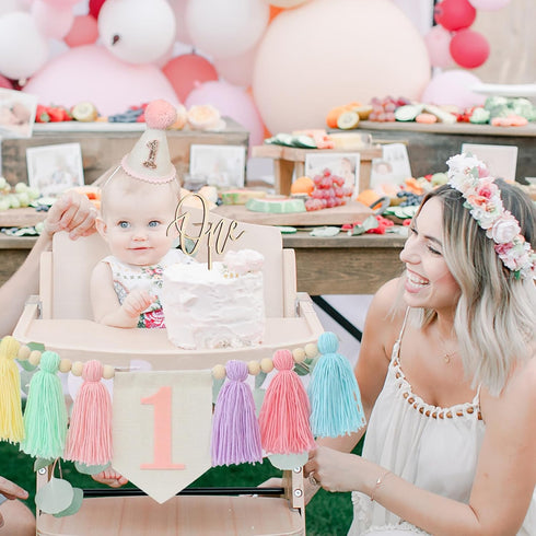 1st Handmade Boho Macaron Theme Birthday High Chair Banner for Baby Girls with Pink First Birthday Cone Hat and One