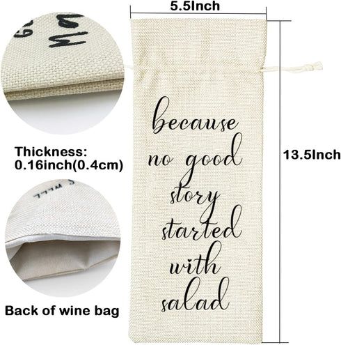 LANBAIHE Wine Gifts Bag for Housewarming, Wedding Gifts, Birthday Gifts, Retirement Gifts, Engagements Gifts, New Job Gifts, Because No Good Story Started with Salad Wine Bag