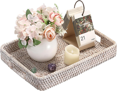 Hipiwe Rattan Serving Tray with Handles Handwoven Basket Tray for Storage Breakfast Dessert
