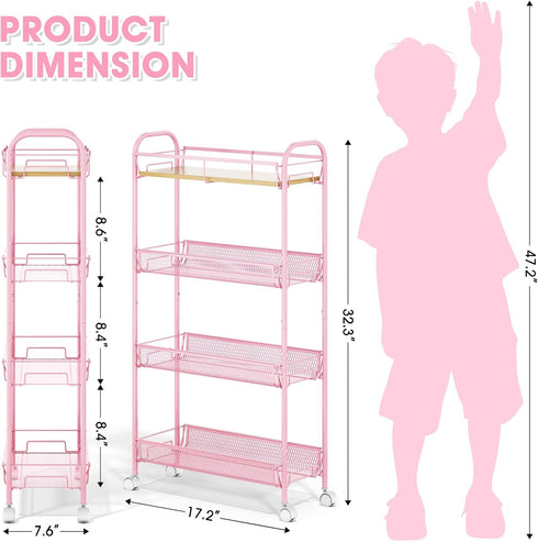 4-Tier TOOLF Slim Rolling Cart, Metal Storage Cart with Wooden Tabletop and Mesh Baskets for Narrow Space on Kitchen
