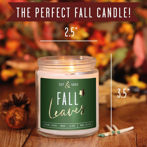 Fall Candles - 'Fall Leaves' Scented Candle with Autumn Leaves, Clove & Musk, Essential Oils, 9oz Jar, 50Hr Burn, Made