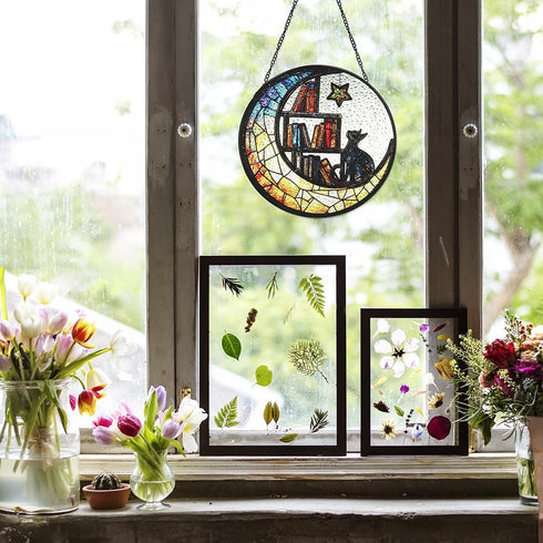 Iznomo Cat Suncatcher - Sun Catchers Indoor Window, Celestial Stained Glass Window Hanging Decor with Star & Bookshelf
