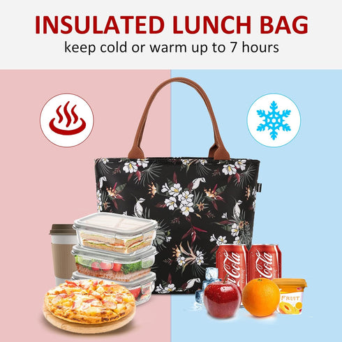 Gloppie Insulated Lunch Bag for Women, Leakproof Lunch Tote with White Flower Design