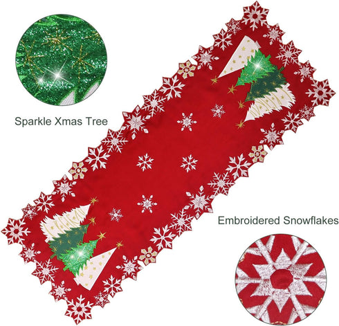 36 inches Christmas Tree Table Runner Embroidered Xmas Red White Snowflakes Runners Snow Decorations Long Coutout