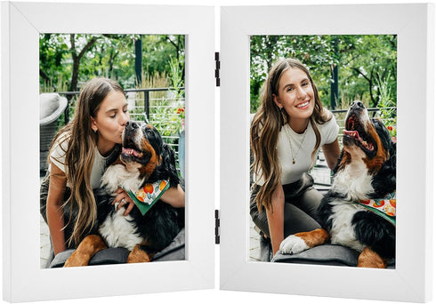 Frametory 4x6 Double Picture Frame - Hinged Real Glass Collage for 2 Photos, Vertical Desktop Frame (Blue, 1 Pack)