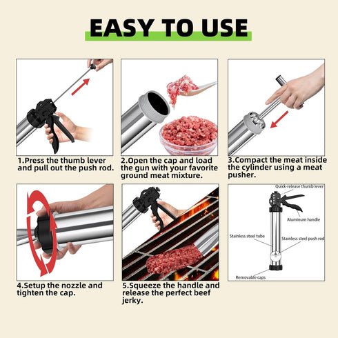 2lb Beef Jerky Gun Kit - Stainless Steel Meat Gun for Homemade Beef Jerky and Sausages, Perfect Beef Jerky Maker