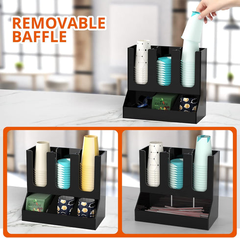 Richboom Cup and Lid Organizer, 6 Compartments with 2 Removable Dividers for Coffee Station - Black Countertop Caddy