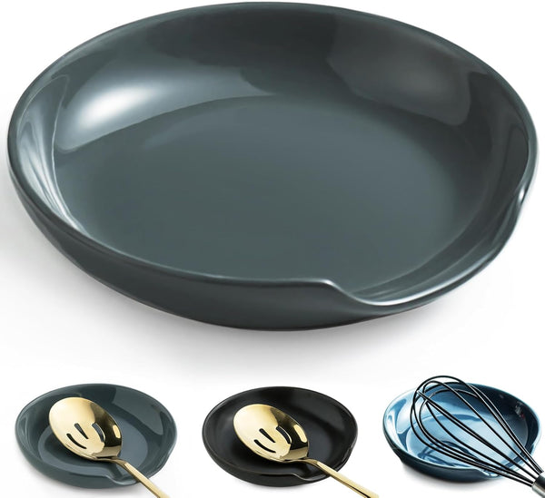 LYEOBOH 5 Inch Ceramic Spoon Rest for Stove Top, Kitchen Cooking Spoon Holder, Cute Gray Coffee Accessories