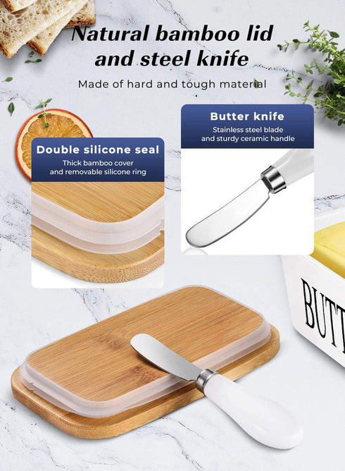 Black Ceramic Butter Dish with Lid - Large Countertop Holder for 2 Sticks, Includes Knife and Sponge Scrubber