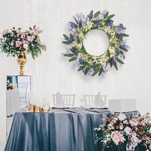 VioletEverGarden 20 Inch Spring Wreath for Front Door, Violet Blue and White Daisy Floral Decor