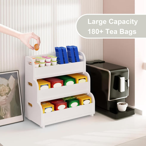 3-Tier Countertop Wisuce Tea Holder for Tea Bags Organizer - White Bamboo Tea Organizer for Tea Bags Stackable Wall
