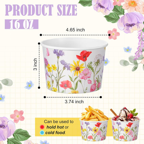 Hsei 60 16oz Pcs Floral Disposable Soup Bowls Ice Cream Cups Flowers Snack Paper Bowls Wildflower Dessert Sundae Yogurt