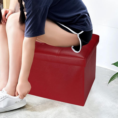 17x13x13in,Red Bsketa Storage Ottoman, Folding Foot Stool with Thicker Foam Padded Seat Small Leather Storage Ottoman