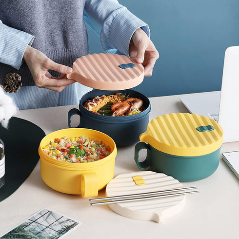 Microwave Ramen Bowl Cooker with Handles, Noodle Bowls with Lid and Chopsticks, Dishwasher Safe, Yellow & Green