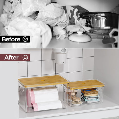 2 Pack Delamu Acrylic Trash Bag Holder, (XL+S) Stackable Garbage Bag Dispenser, Clear Organizer Bins for Under Sink