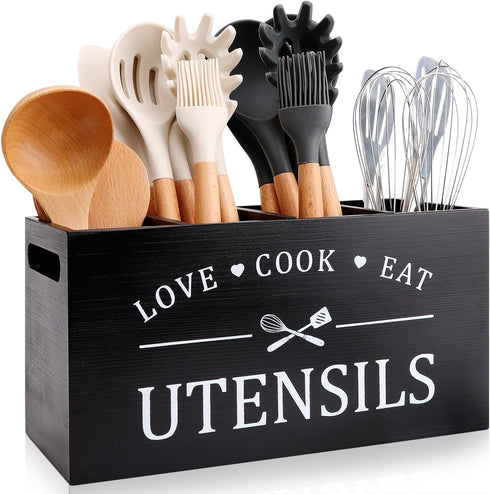 Black Farmhouse Utensil Holder for Kitchen Counter, Extra Large Caddy for Rustic Wood Kitchen Tool Decor