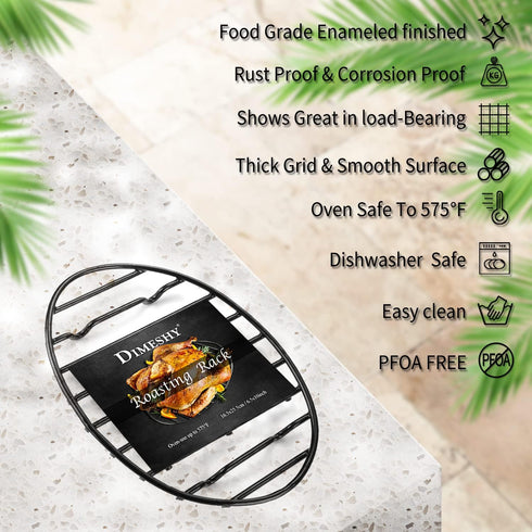 Black Roasting Rack with Integrated Feet, Enamel Finished, Nonstick, Fits 13 Inch Oval Roasting Pan, Dishwasher Safe