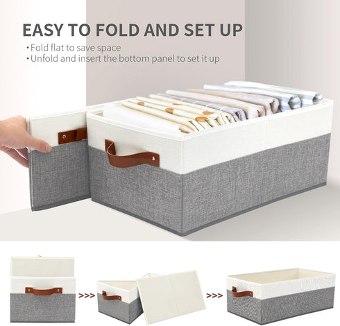 Closet Organizer Bins 3 Pack, Large Storage Bins for Shelves, Foldable with Leather Handles, Grey