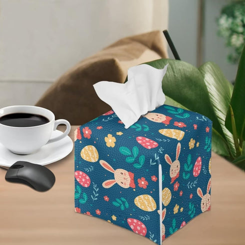 Biyejit Cute Easter Rabbit Eggs Tissue Box Cover, Square PU Leather Holder with Bottom Strap for Bathroom, Vanity, Desk