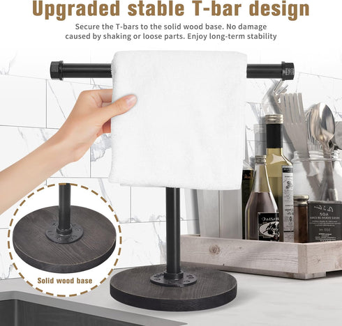 Hand Towel Stand with Wood Base, Industrial Pipe Heavy Duty Countertop Towel Holder for Bathroom and Kitchen