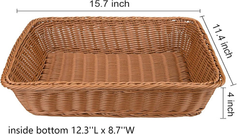 Yarlung 2 Pack Poly Wicker Woven Bread Basket, 15.7 Inch Rectangular Food Serving Holders for Kitchen, Brown
