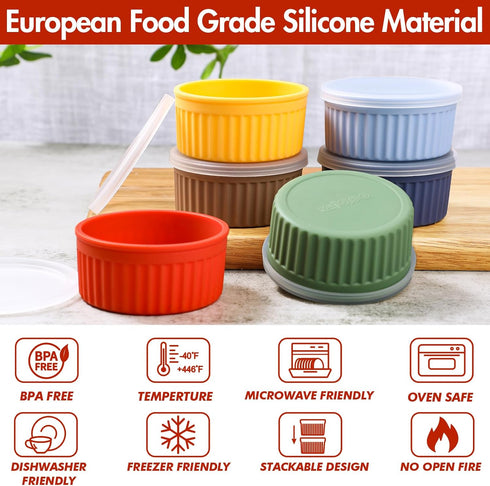 Nonstick Silicone Ramekins 4 oz with Lid, 6-Pack Oven Safe Bowls for Baking, Mini Souffle Dessert Cups