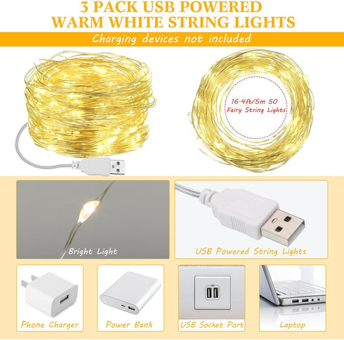 3 16 50 Macarrie Pcs Warm White Fairy Lights USB Powered ft LED String Lights Plug in for Indoor Outdoor Bedroom DIY
