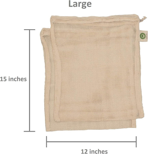 Reusable Organic Cotton Mesh Produce Bags - 100% Cotton, Durable, Washable with Tare Weight & Drawstring, 6 Sizes (2L,