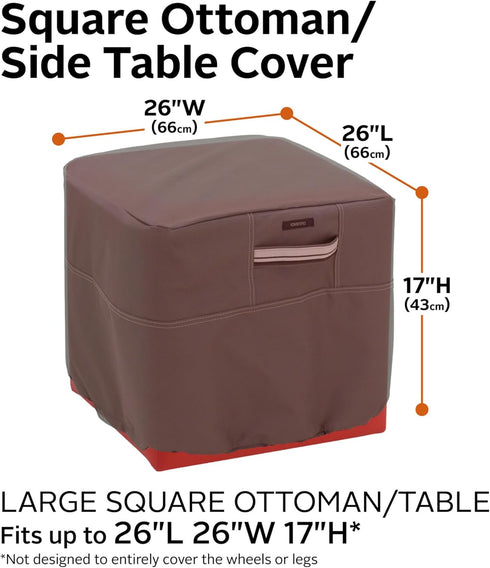 26 Inch Classic Accessories Ravenna Water-Resistant Square Patio Ottoman/Table Cover, Outdoor Table Cover