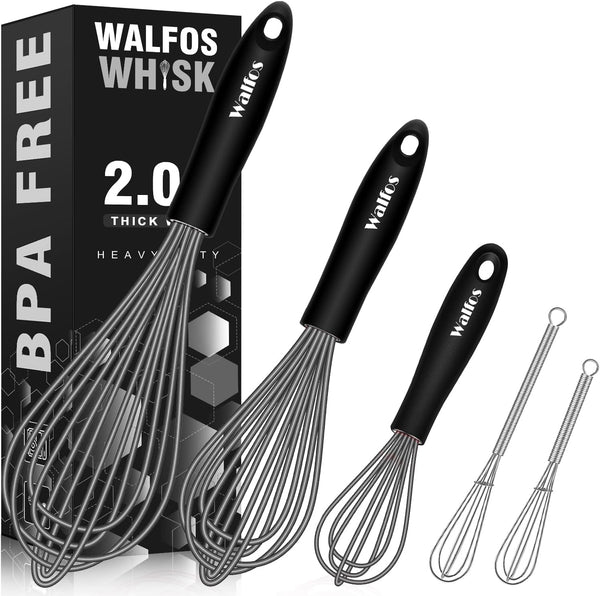 Walfos Whisk, Silicone Whisks Set of 5, Mini Stainless Steel Whisk and Non Scratch Coated Whisks for Blending