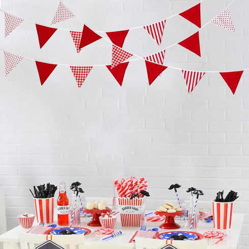 32Ft Red White Plaid Stripe Dot Fabric Bunting Banner, Triangle Flags Cotton Garland for Birthday, Wedding, Party, Home