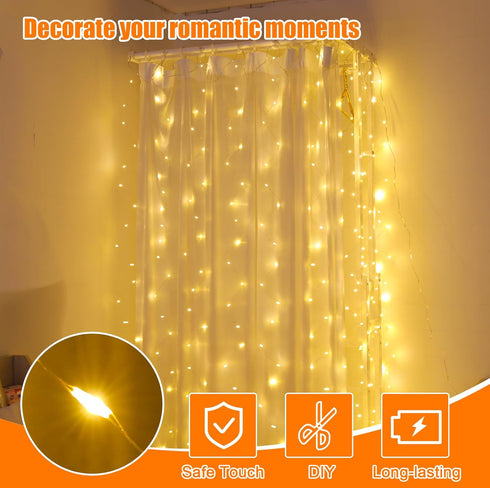 Warm White Curtain Light, 300 LED 9.8ft x 9.8ft Fairy String Light with 16 Hooks, Remote Control for Indoor Decorations