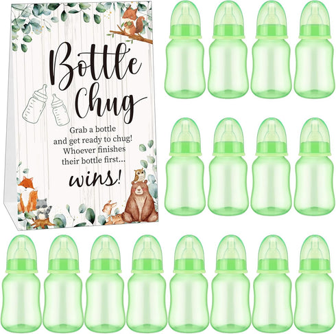 TrelaCo Bottle Chug Baby Shower Game Sign, 20 Pcs Baby Bottles Shower Favor, Plastic Greenery Flowers Bear Elephant