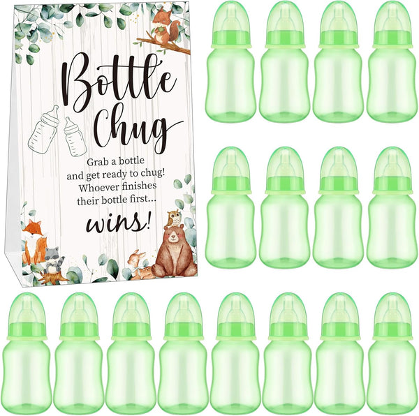 TrelaCo Bottle Chug Baby Shower Game Sign, 20 Pcs Baby Bottles Shower Favor, Plastic Greenery Flowers Bear Elephant