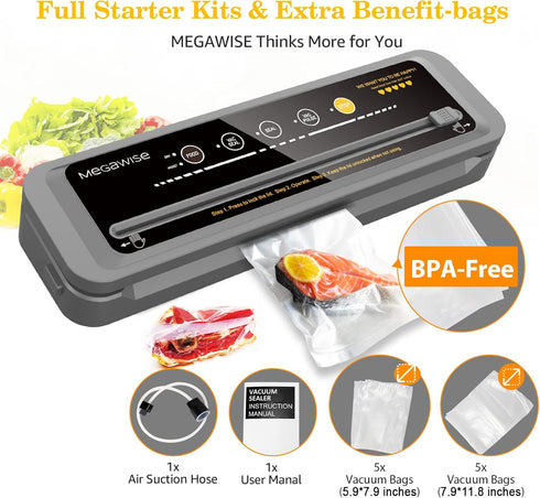 MegaWise Vacuum Sealer Machine, 80kPa Suction Power, Compact One-Touch Automatic Food Sealer with Bags Included